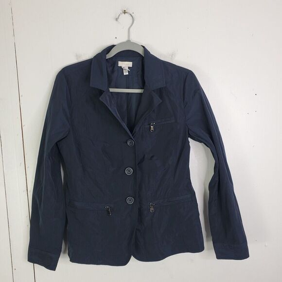 Chicos Windbreaker Jacket Womens S 0 Navy Military Utility Zip Pockets Slicky - Picture 1 of 8